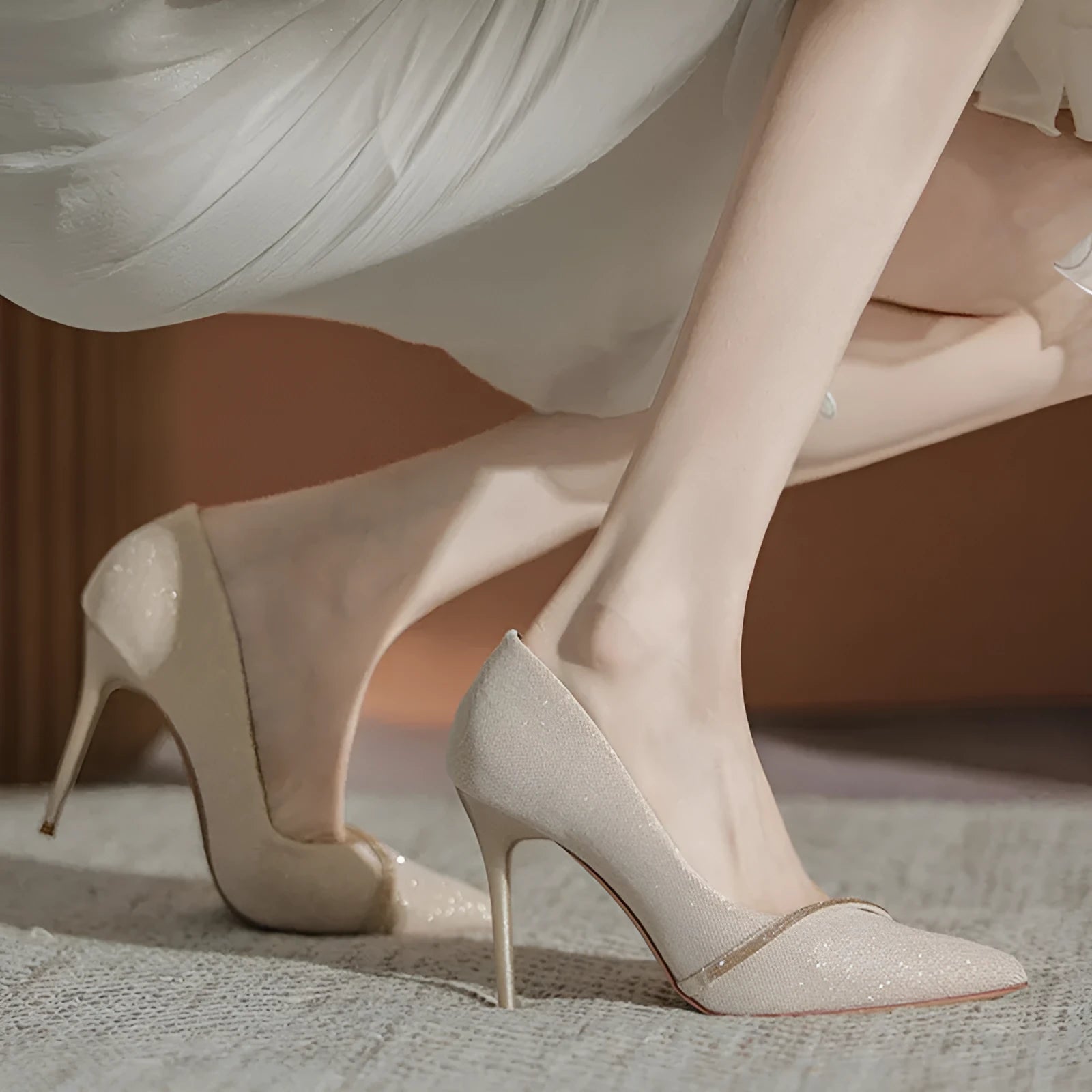 Gold and black women's stiletto high heels with pointed toes, shown with 6cm and 9cm heel options.