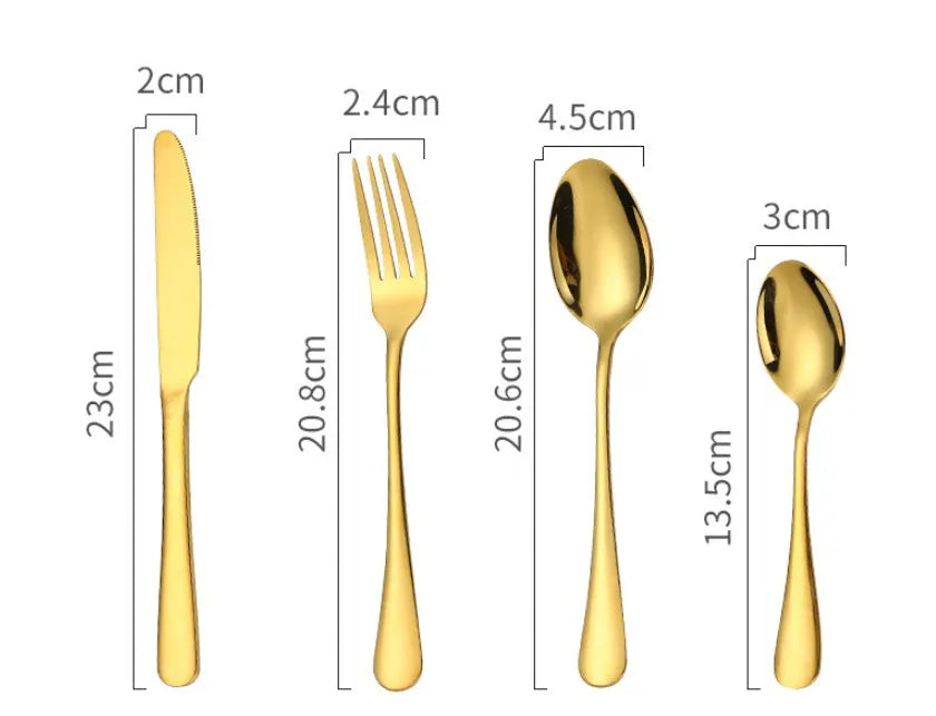 24-piece stainless steel tableware set showing knives, forks and spoons in multiple colour options