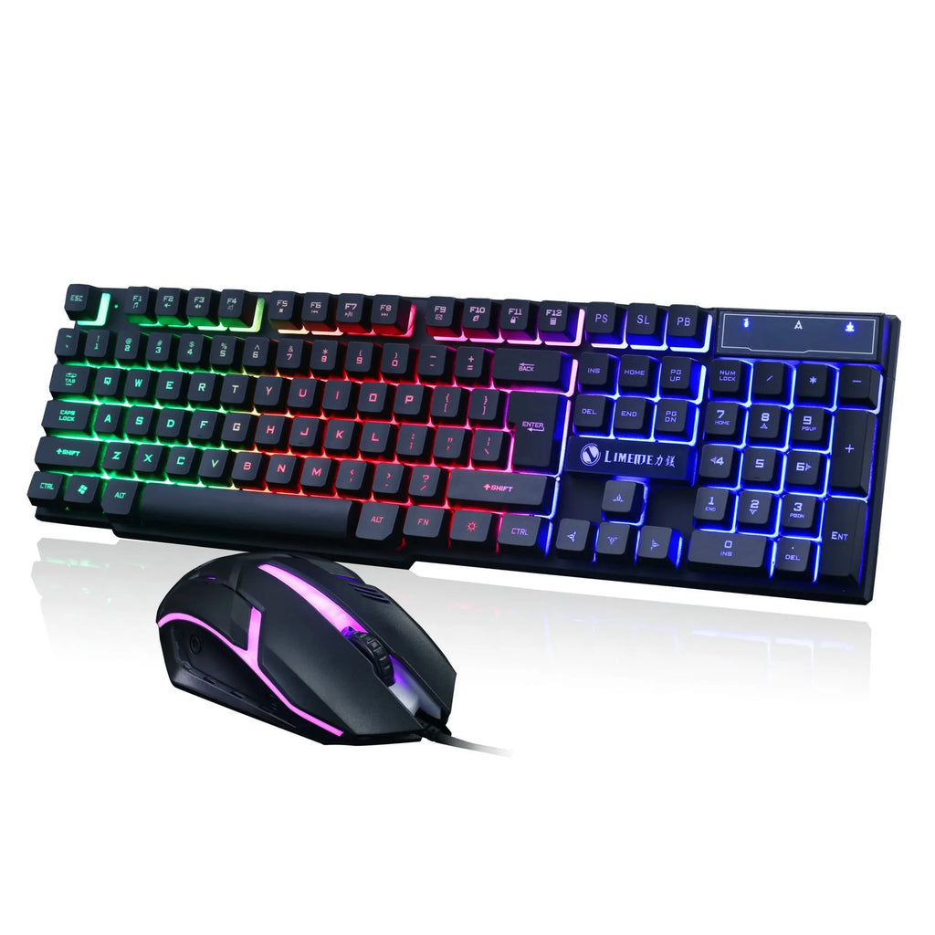 Limei GTX300 backlit gaming keyboard and mouse set in black and white on a desk.