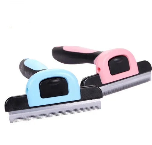 Pet hair removal comb for long straight hair, available in blue or pink, sizes S M L.