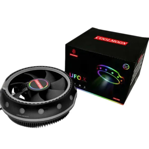 Black CPU heat sink with aluminium fins and colour changing fan for desktop PC cooling