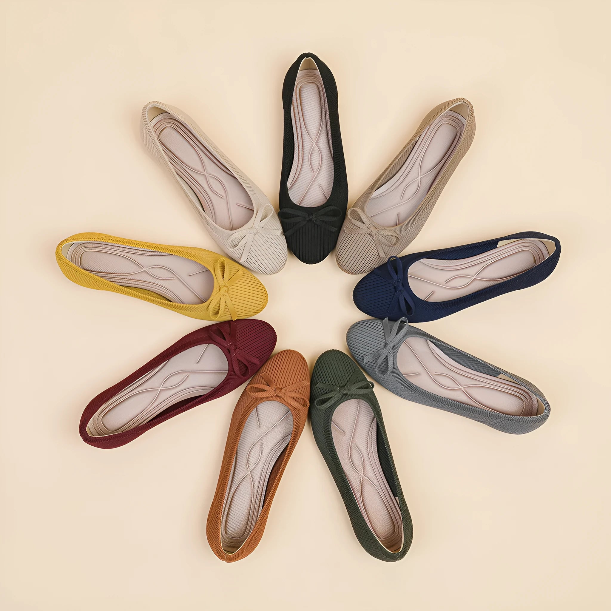 Women's round toe fabric flat pumps with bow decoration in butterfly black colour