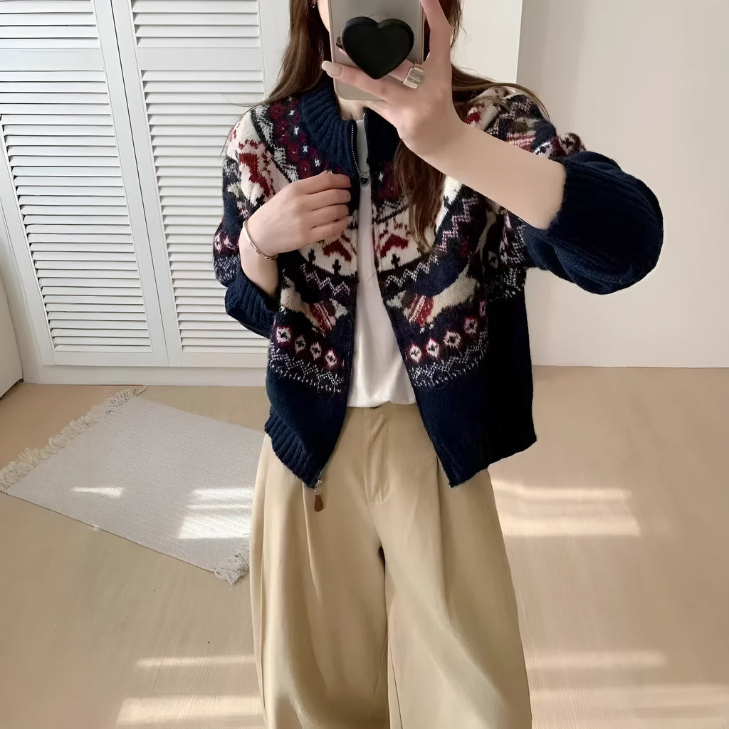 Beige apricot ethnic style jacquard pullover sweater with a 3D pattern and loose fit.