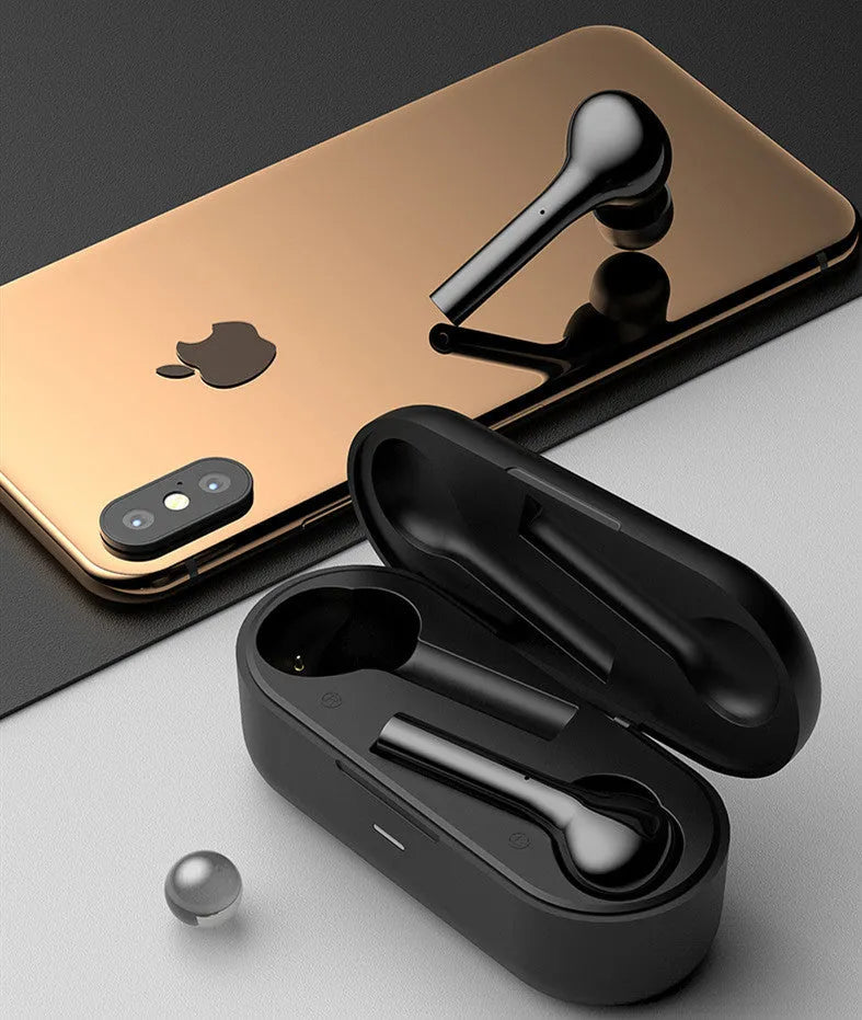 Black or white wireless in-ear headphones with charging case showing touch controls and Bluetooth 5.0 connectivity