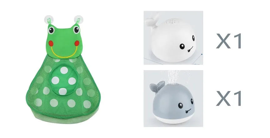 Automatic water spray whale bath toy with LED lights for baby sensory play