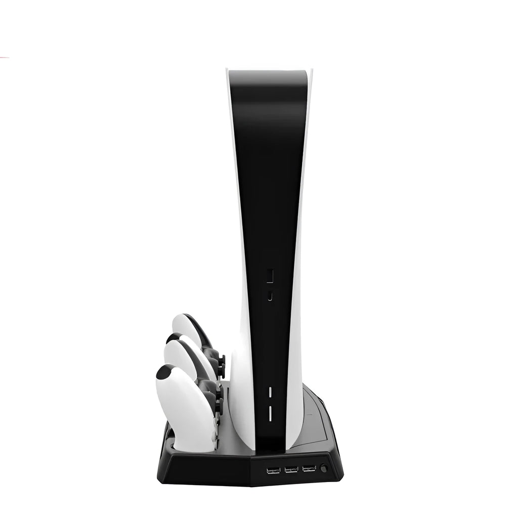 Black PS5 cooling and charging base station with two controller docks, USB ports, and a cooling fan.