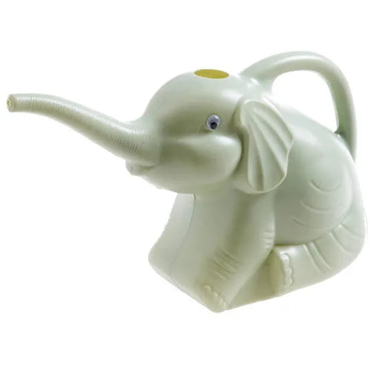 Blue elephant-shaped children's plastic watering can with a long nozzle and ergonomic handle.