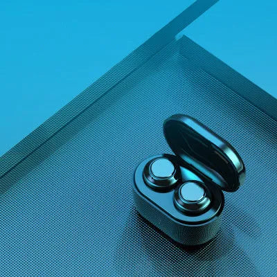 Black stereo Bluetooth wireless earbuds with a charging case.