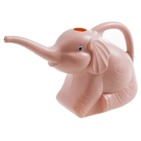Blue elephant-shaped children's plastic watering can with a long nozzle and ergonomic handle.