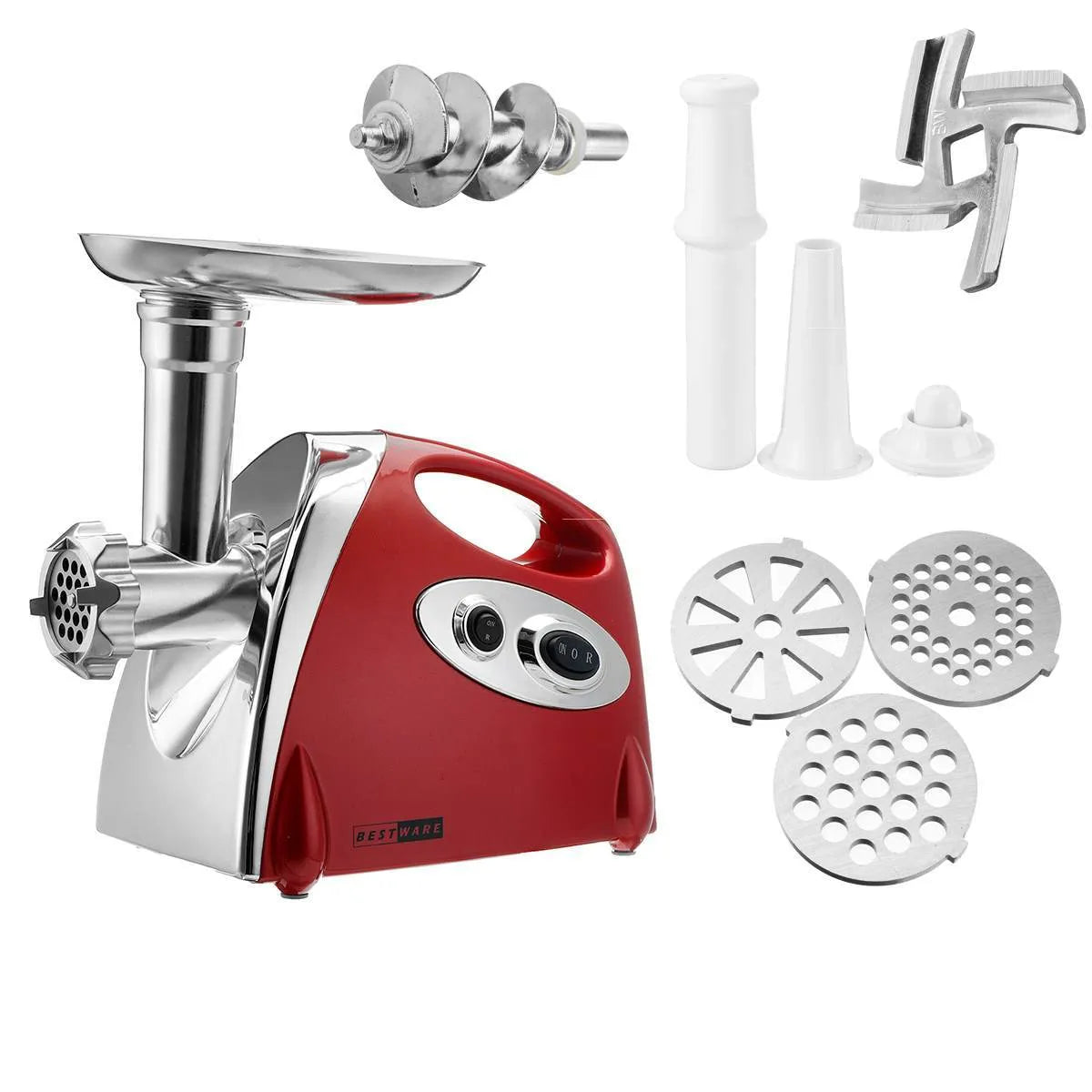 Electric multifunctional meat grinder in red with food grade aluminium alloy body and 800W motor