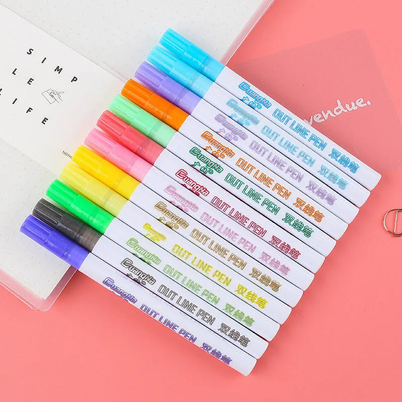Set of highlighter pens with plastic barrels showing a range of colours, detail of 1mm-2mm nib tip.