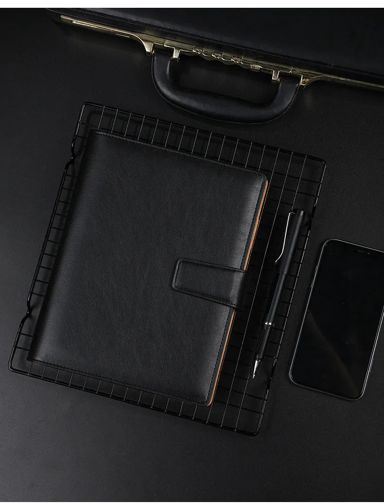 A5 leather buckle notebook with 6-hole clip in multiple colours showing hard cover and closure