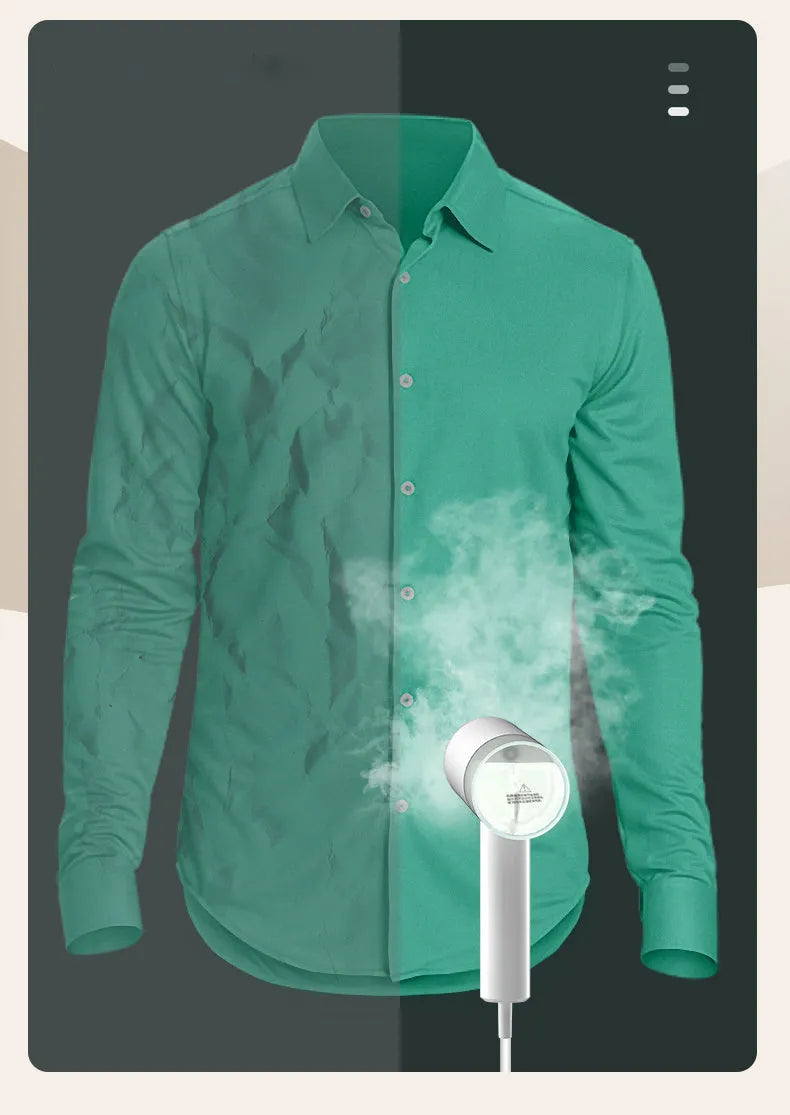 White hand-held hanging garment steamer with separate water tank and stainless steel panel