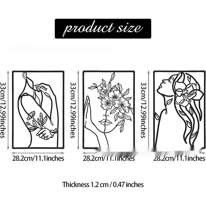 Black metal female line silhouette wall decoration set for home