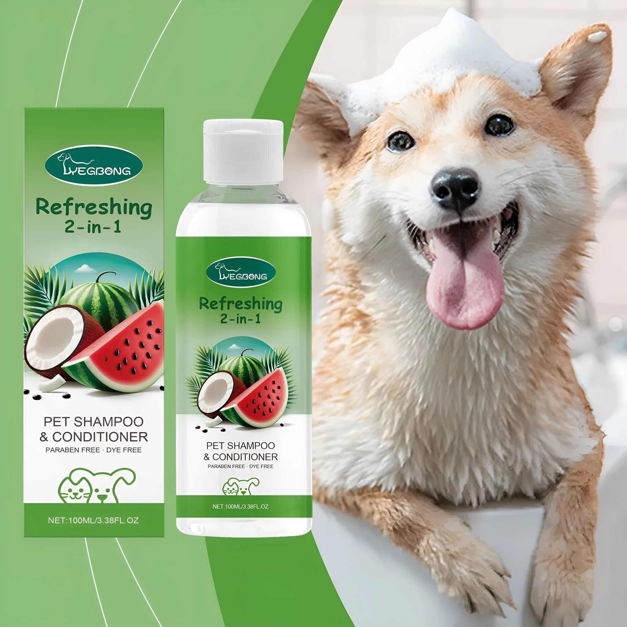 100ml bottle of pet 2-in-1 shampoo shower gel with watermelon and coconut scent.