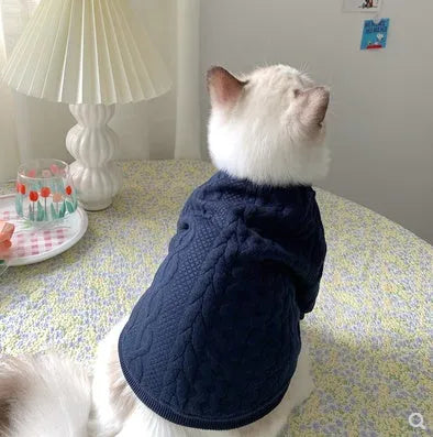 Navy blue casual pet sweater for dogs and cats, size XS to XL, shown on a pet providing warmth