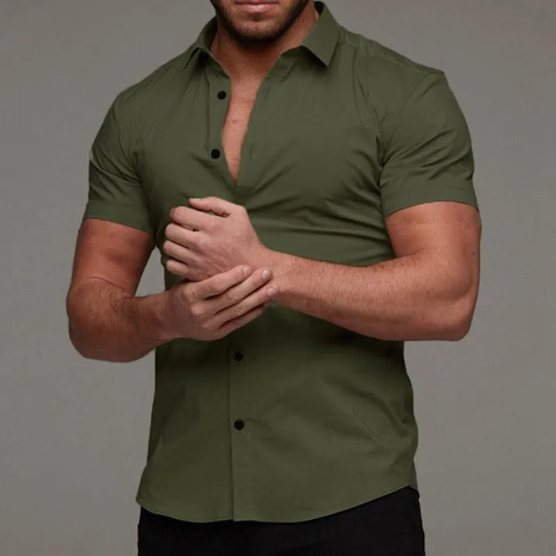 Men's short sleeve lapel shirt in loose cardigan style, solid colour, polyester, sizes M to XXXL.