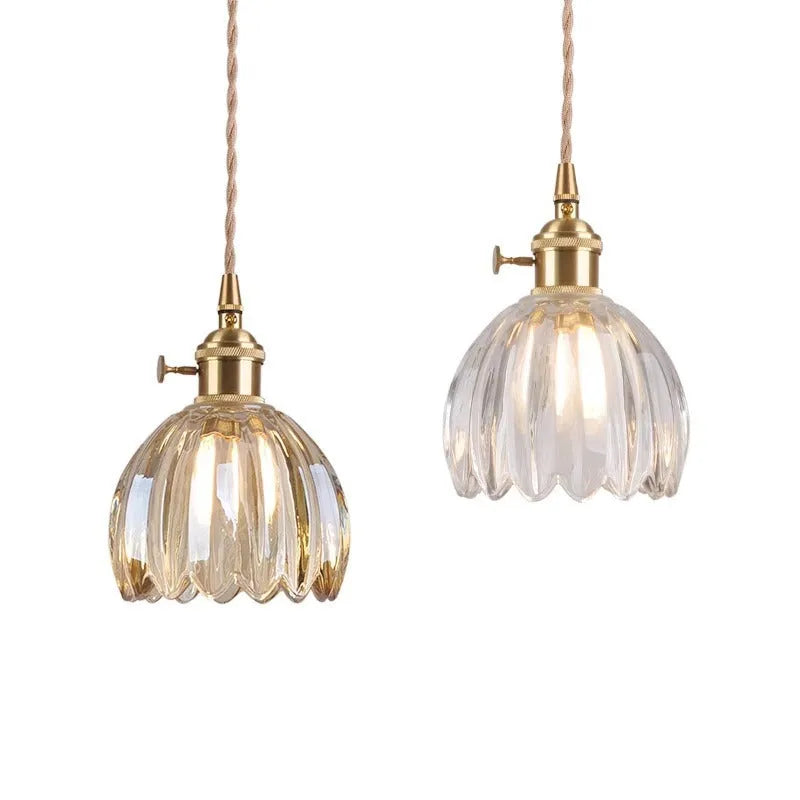 Vintage nordic style bedroom chandelier with glass flower shades in amber, green, grey, white, or transparent.