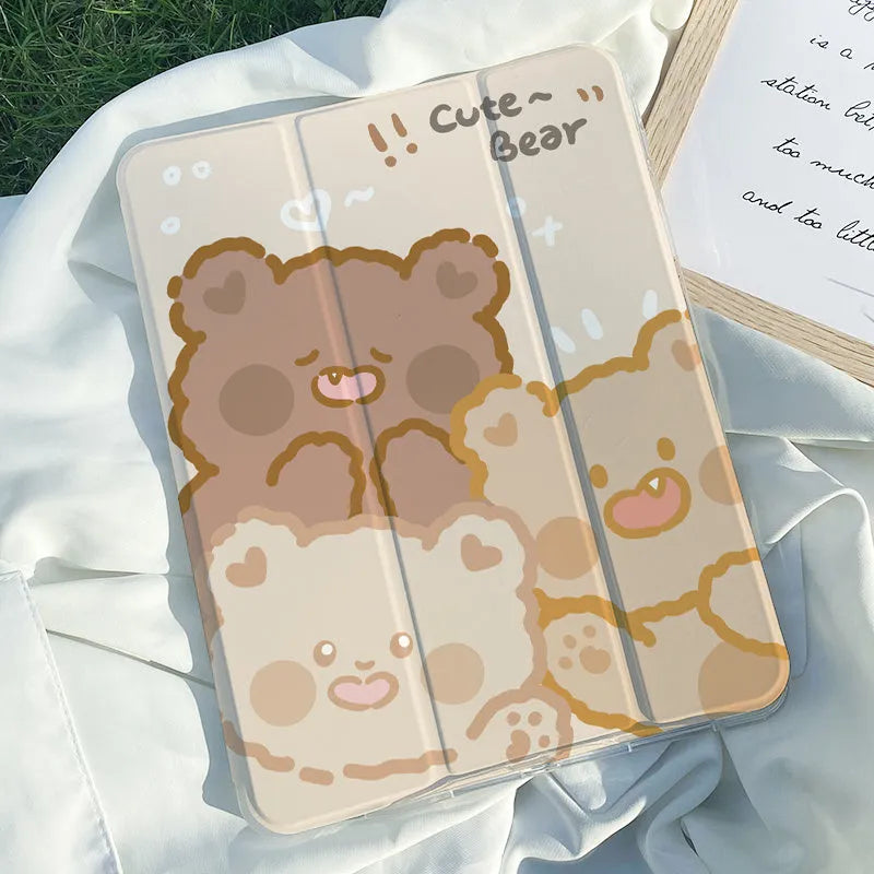 Silicone tri-fold protective iPad case in a cartoon rabbit design lying flat.