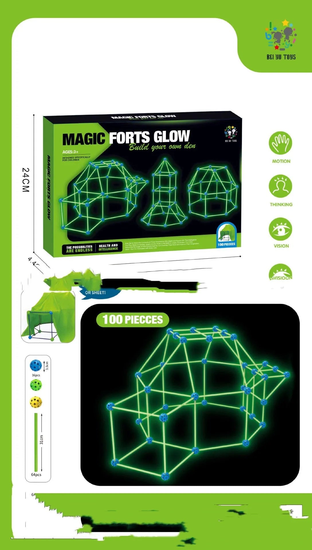Children's luminous fort building kit with plastic rods, connector balls, and a constructed play tunnel.