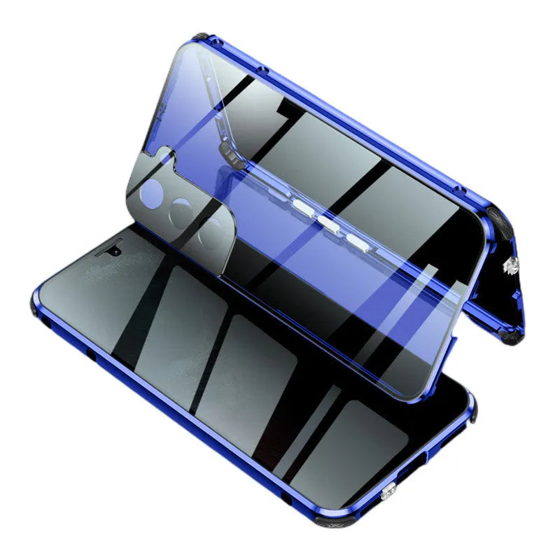 Black magnetic clamshell phone case for Samsung smartphones with glass construction and closed magnetic design