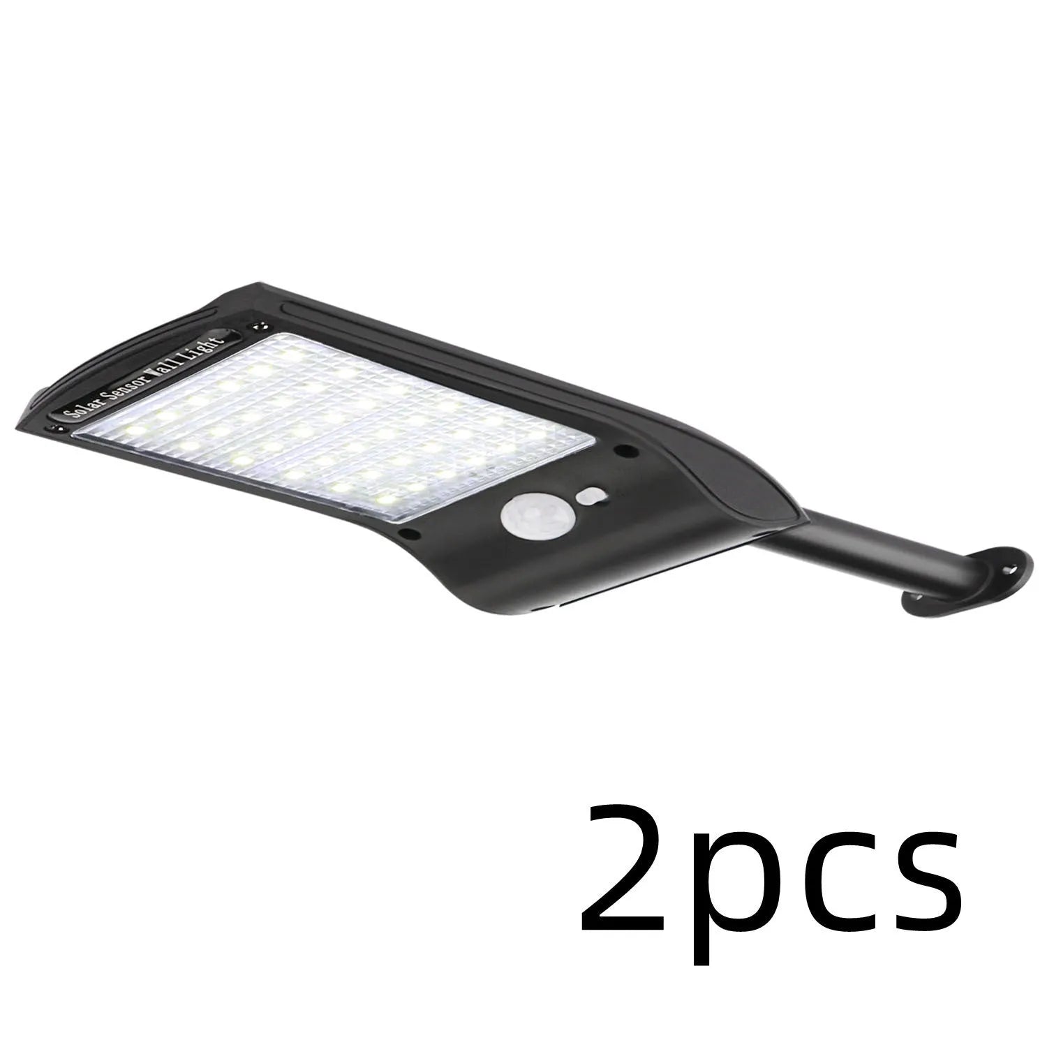 Black 36 LED solar-powered outdoor wall light with motion sensor and adjustable pole on a wall.