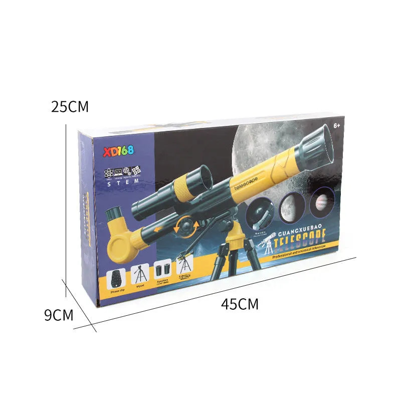 Yellow kids astronomical telescope with 150X magnification on adjustable tripod