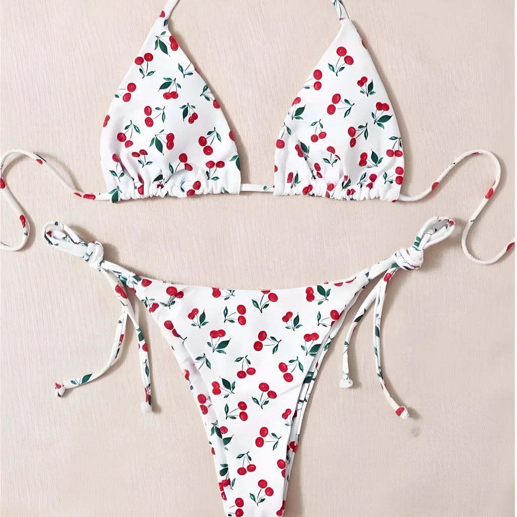Split halter bikini set with backless briefs in solid colour with nylon lining