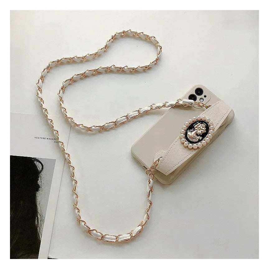 White TPU wrist strap crossbody chain protective case for iPhone with lanyard
