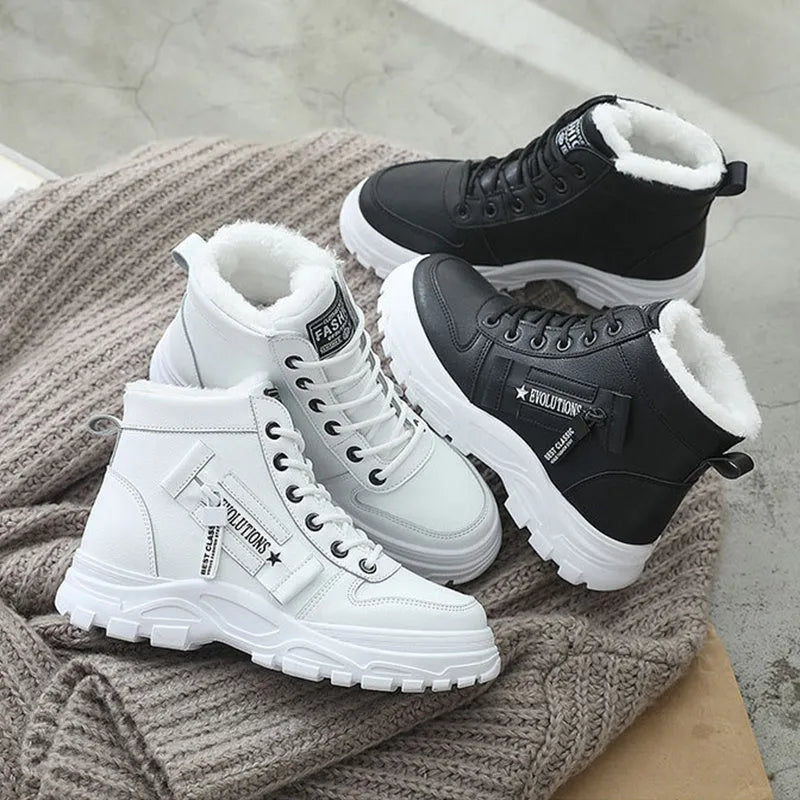 Fleece lace-up boots women winter warm flat heel round toe waterproof platform artificial PU leather stitching