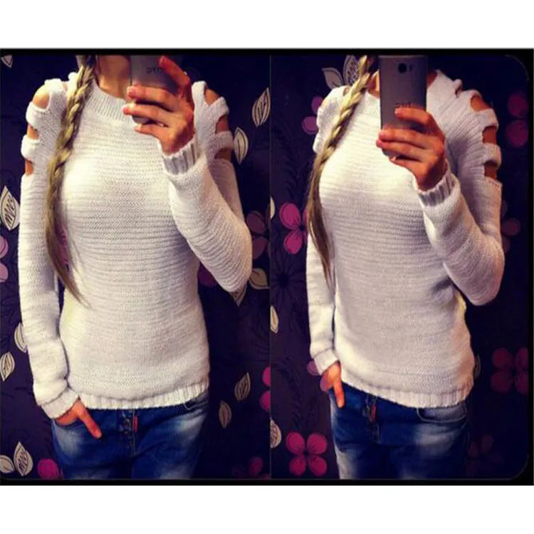 Women's grey crocheted hollow-out long sleeve knit shirt with round neckline on a mannequin
