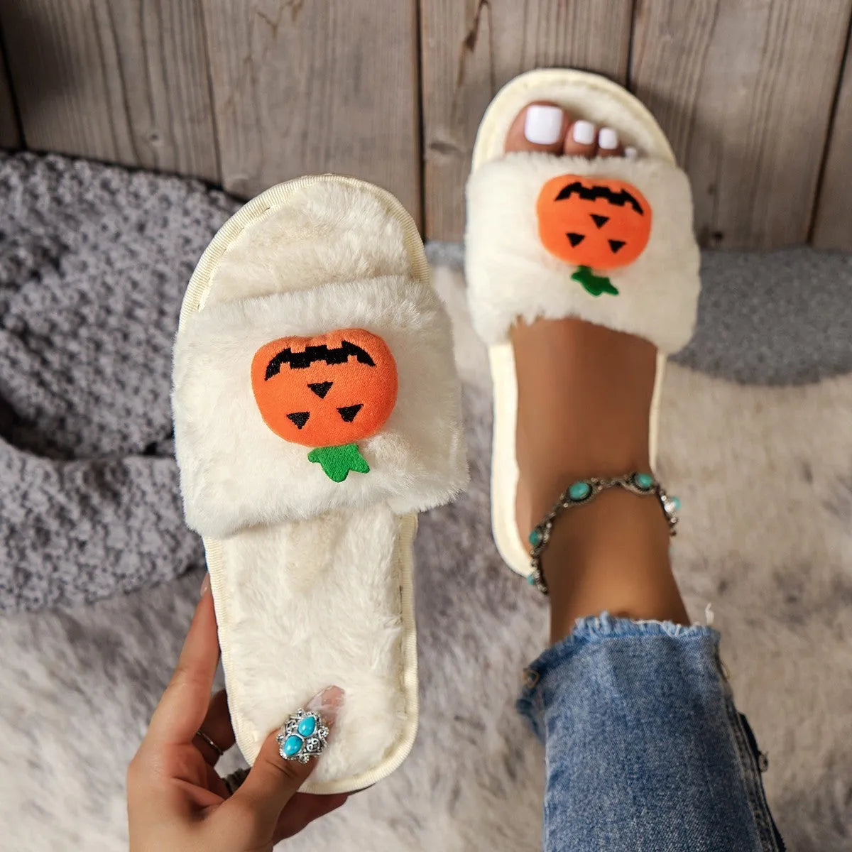 Yellow and white pumpkin cartoon plush open-toe slippers with anti-slip soles