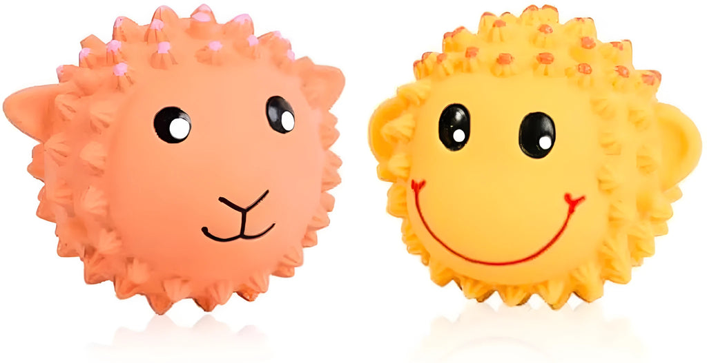 Orange and yellow latex dog toys with spiky texture and animal shapes for small to medium dogs