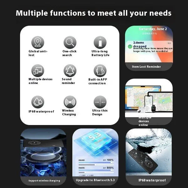 MFI FindMy black anti-lost GPS tracking card with wireless rechargeable design for Android and Apple devices