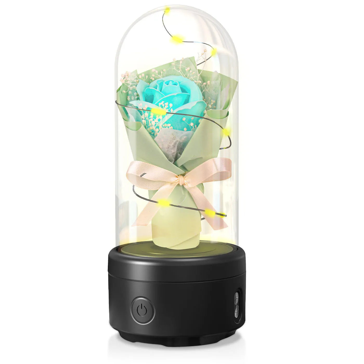 LED bouquet night light with Bluetooth speaker inside a glass cover on a black base.
