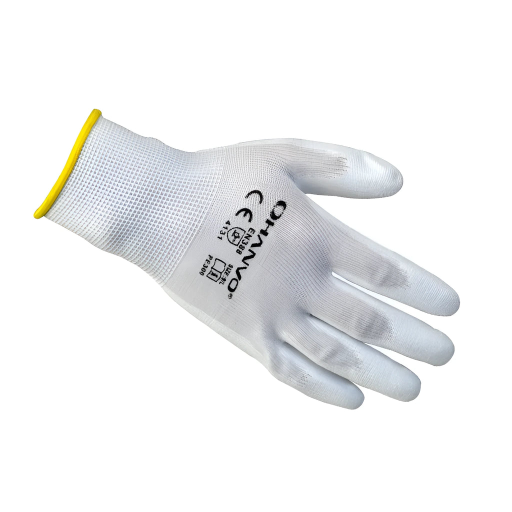 White PU-coated labour gloves with extended 24cm length for forearm protection