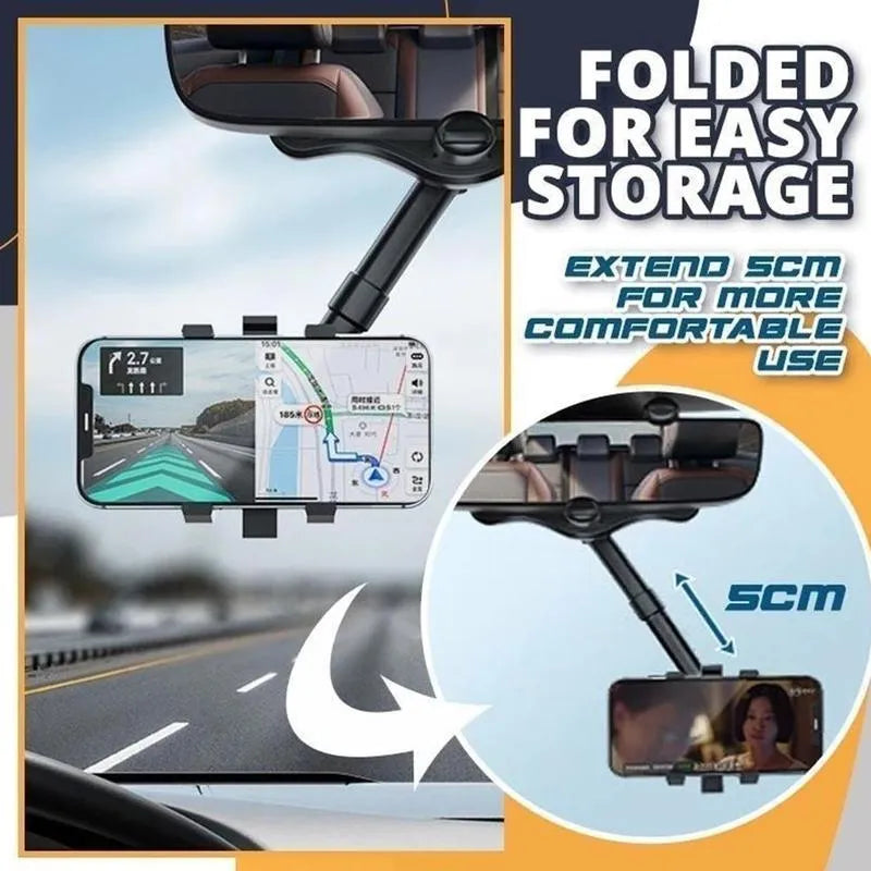 Black rearview mirror car phone holder showing 360-degree rotation and telescopic arm extended.