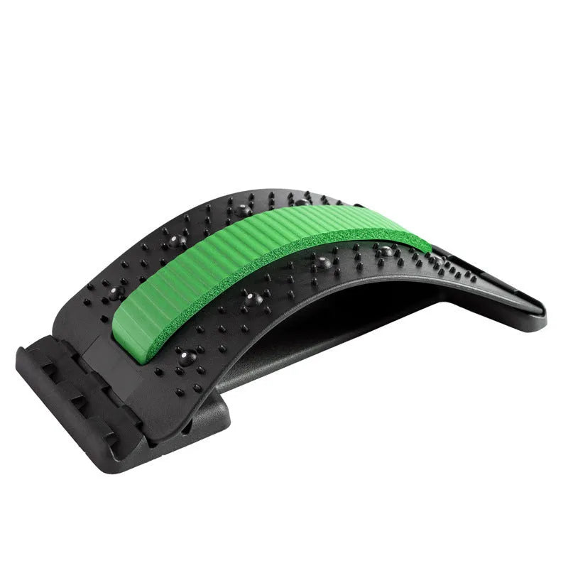 Adjustable back stretcher and waist massager with multiple massage heads in selectable colours.