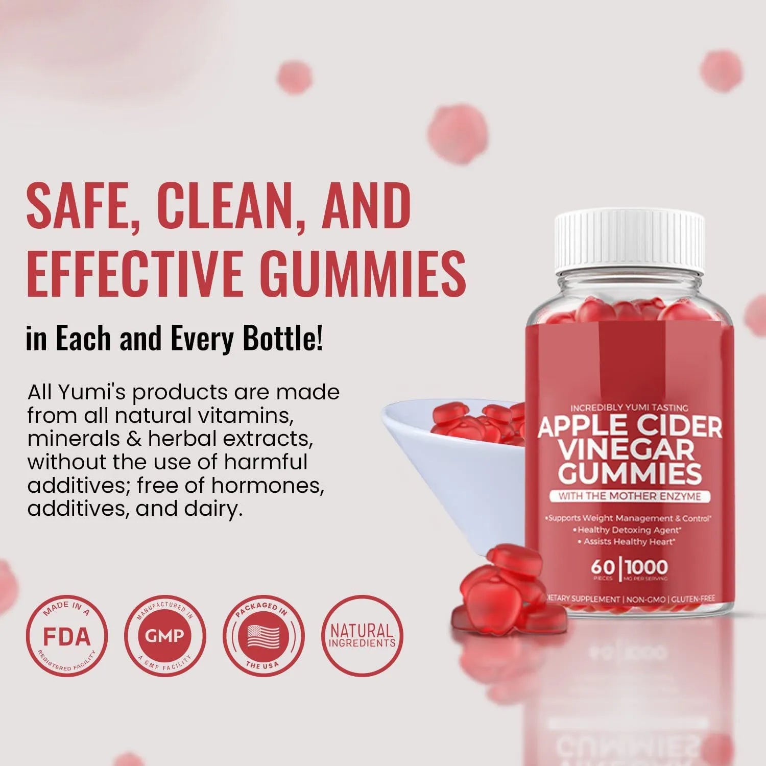 Bottle of apple cider vinegar gummies containing 60 soft candy tablets for adult supplementation