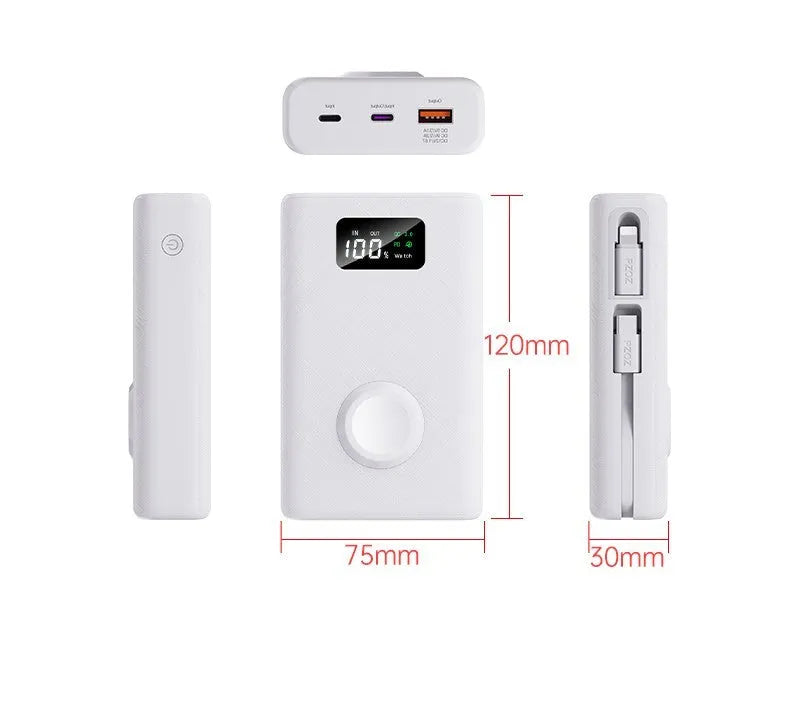 Black and white magnetic wireless power bank with digital display showing battery percentage