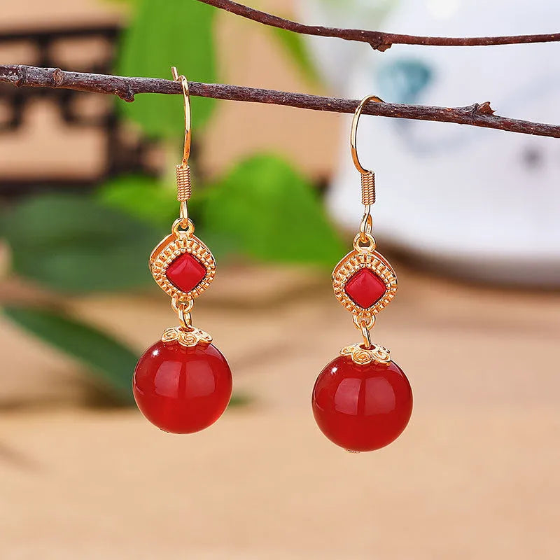 Southern red agate round bead earrings with S925 silver inlaid jasper geometric design