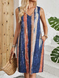 Casual striped colour block V-neck sleeveless dress with a midi length.