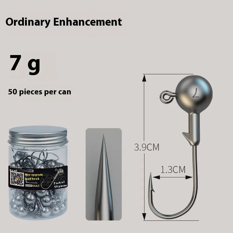 Set of 50 enhanced 7G steel jig hooks with a lead-headed hook for fishing tackle.