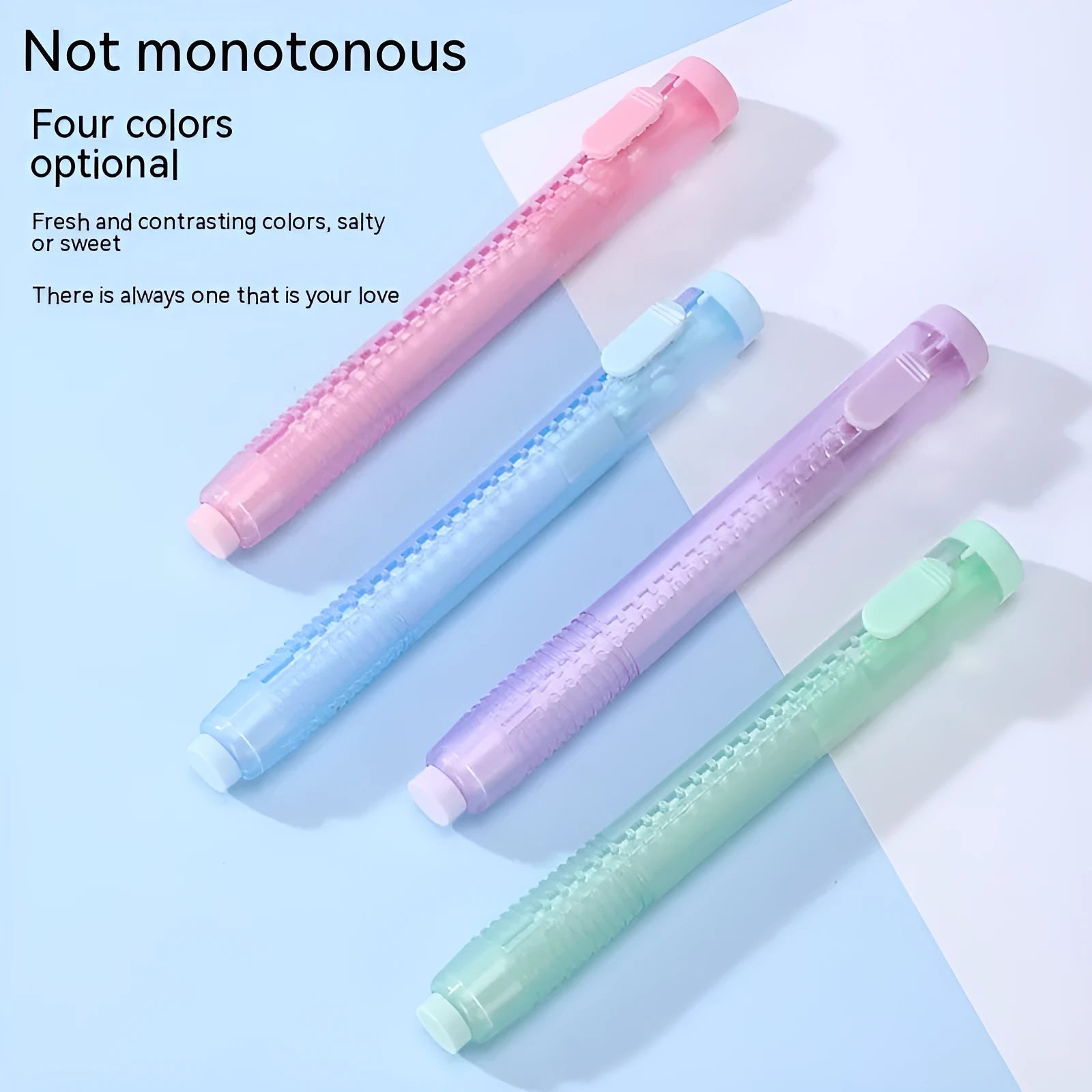 Children's push-type automatic eraser in blue, green, pink or purple measuring 12x8cm