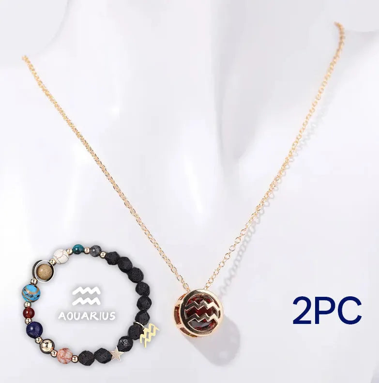 Natural stone beaded necklace and matching bracelet set on a table, showing bead texture.