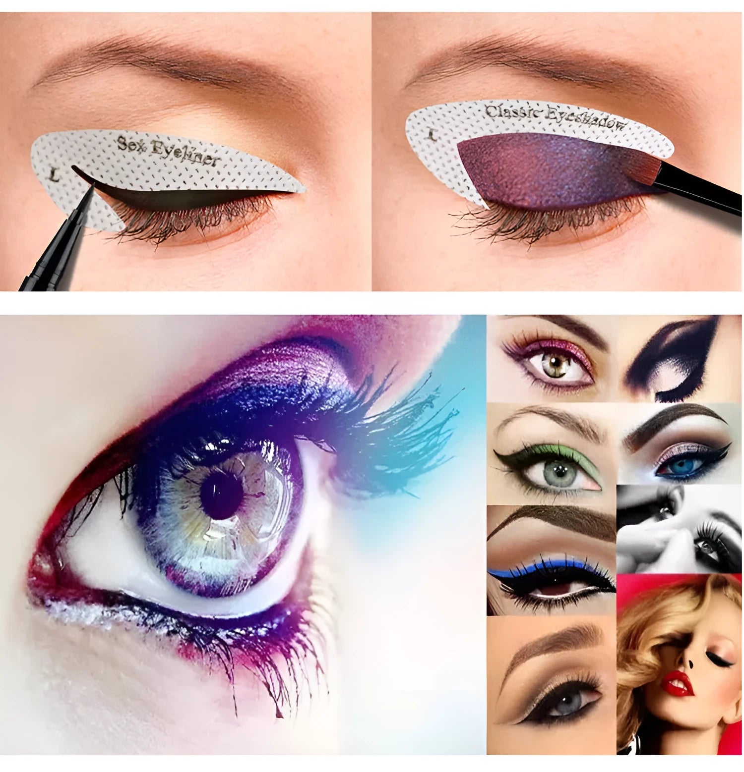 Set of four flexible reusable eyeliner and eyeshadow makeup stencil templates on a pink background