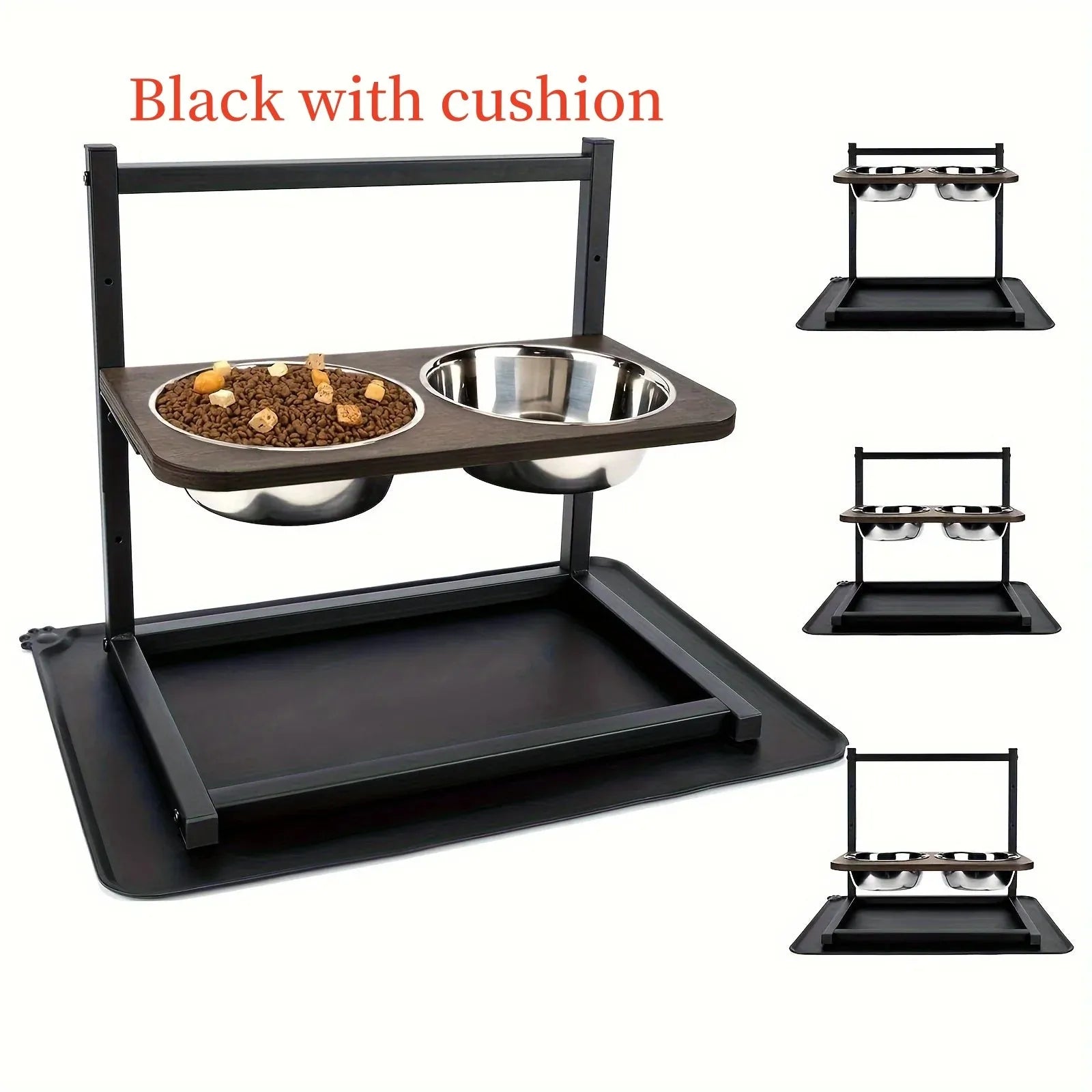 Large black iron stand holding two dog bowls for elevated feeding.