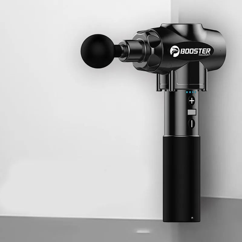 Black and white portable massage gun for deep tissue muscle relaxation