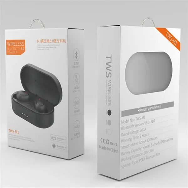 M1 Bluetooth wireless earbuds in black and white colours showing bilateral stereo design