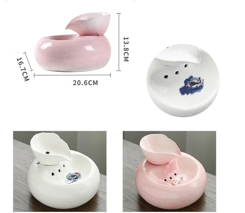 White and pink porcelain leaf automatic cat water dispenser with EU or US plug option